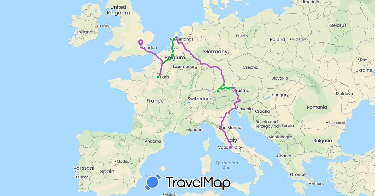 TravelMap itinerary: driving, bus, train in Austria, Belgium, Germany, France, United Kingdom, Italy, Netherlands (Europe)